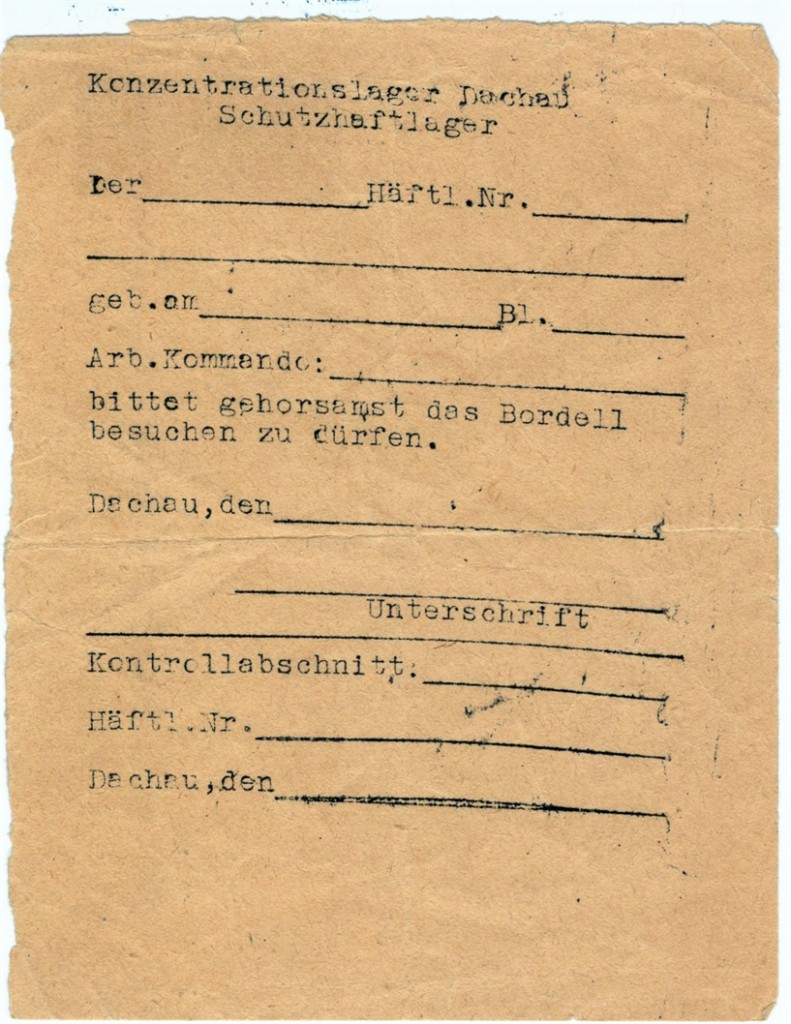 Antragsformular für den Bordellbesuch. Foto: Archiv der Gedenkstätte Dachau